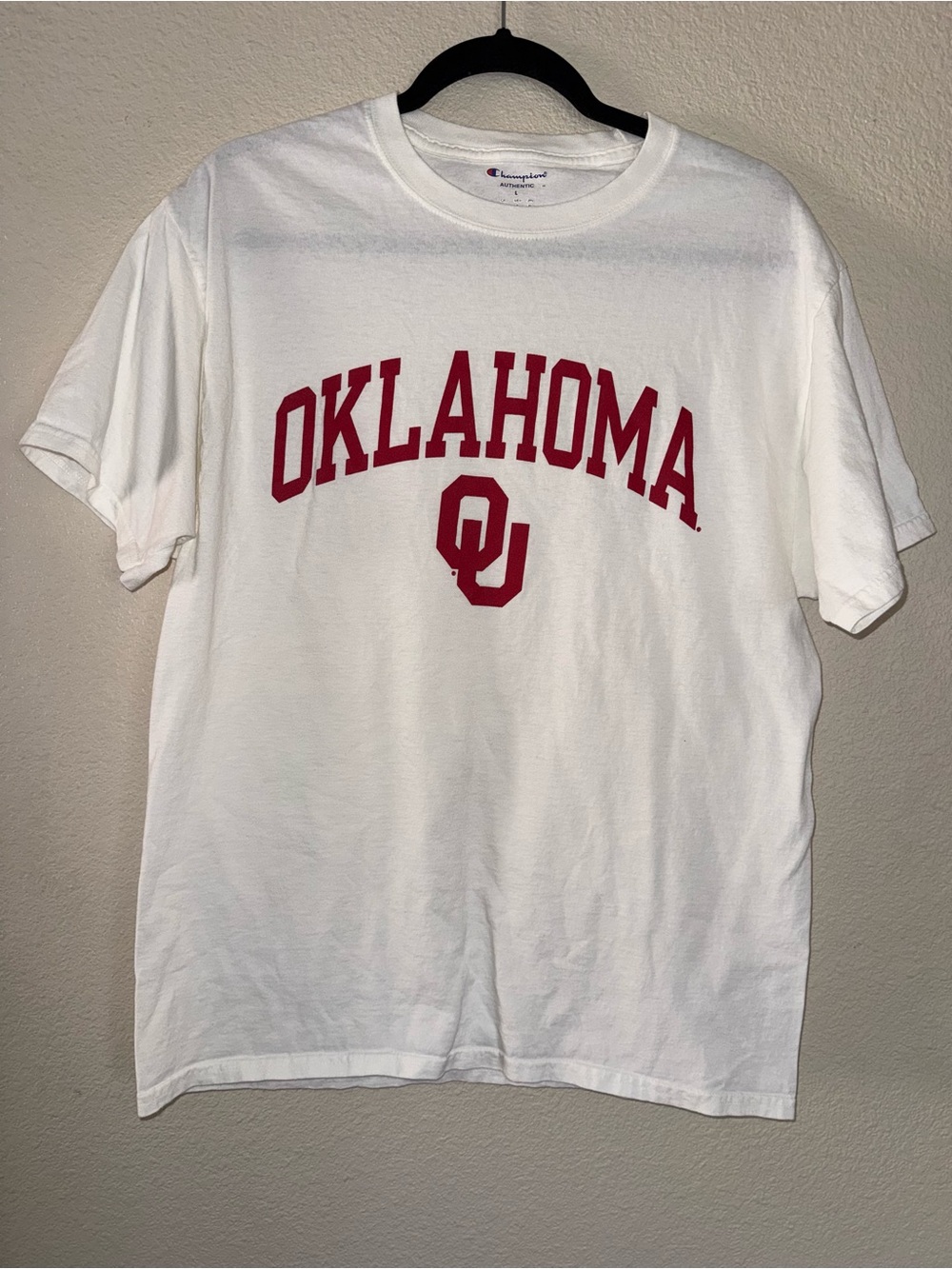 Champion White Tee with Blue Logo and Red Accent Men’s Size L